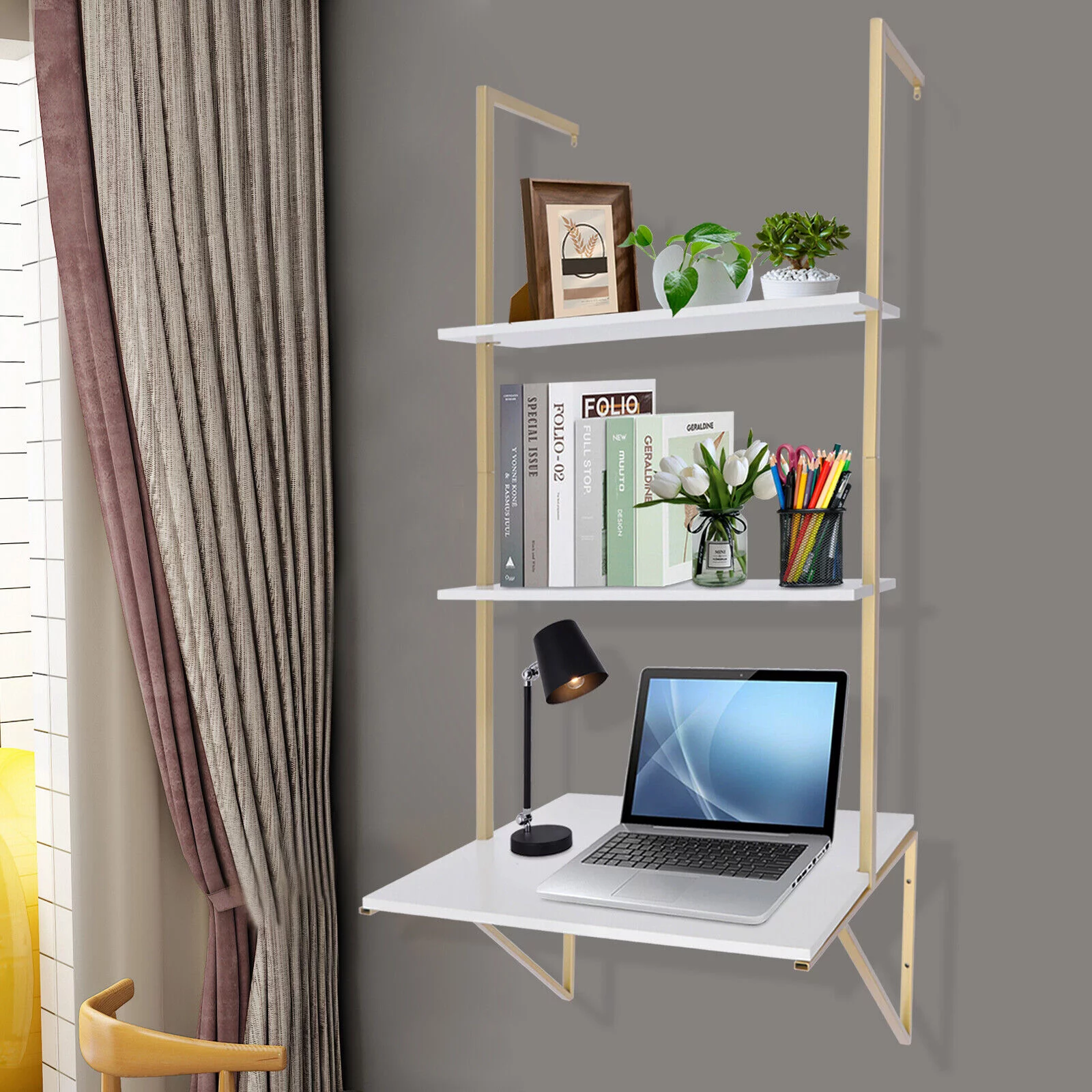 Wall-mounted Desk 3 Tier White Ladder Desk Max. Load: 20kg/44.09lbs W/Brackets 3-Tier Ladder Shelf Bookcase Bookshelf Drawers Wall Mount Living Room Bedroom Wall Mount Ladder Desk