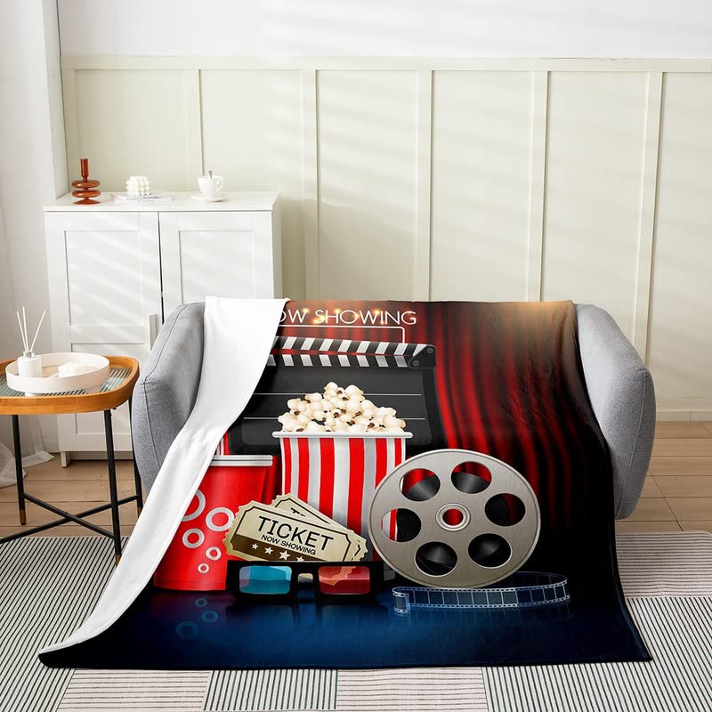 Vintage Cinema Movie Theater Plush Throw Blanket, Movie Theater All Season,Bed Blanket for Kids Teens Cinema Poster Design Flannel Fleece Blanket Old Fashion Bedroom Decor 40