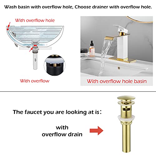 White Gold Faucet Bathroom Vessel Sink Golden Waterfall Spout Faucet Single Handle Bowl Sink Faucet Modern Single Hole Basin Vanity Tall Bathroom Sink Faucet with Pop Up Drain Stopper Supply Hose