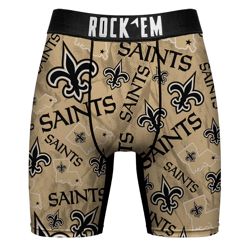 Men's Rock Em Socks New Orleans Saints All-Over Logo Underwear and Crew Socks Combo Pack