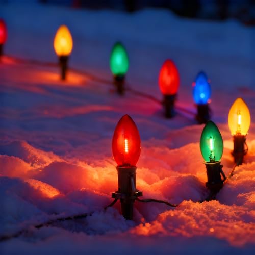 C9 LED Christmas Pathway Lights LED Multicolor, 30 Ft Green Cord 20 Bulbs and Stakes, Plug in & Connectable Xmas Lights Marker for Path, Lane, Patio,Garden,Lawn,Walkway,Sidewalk Decor