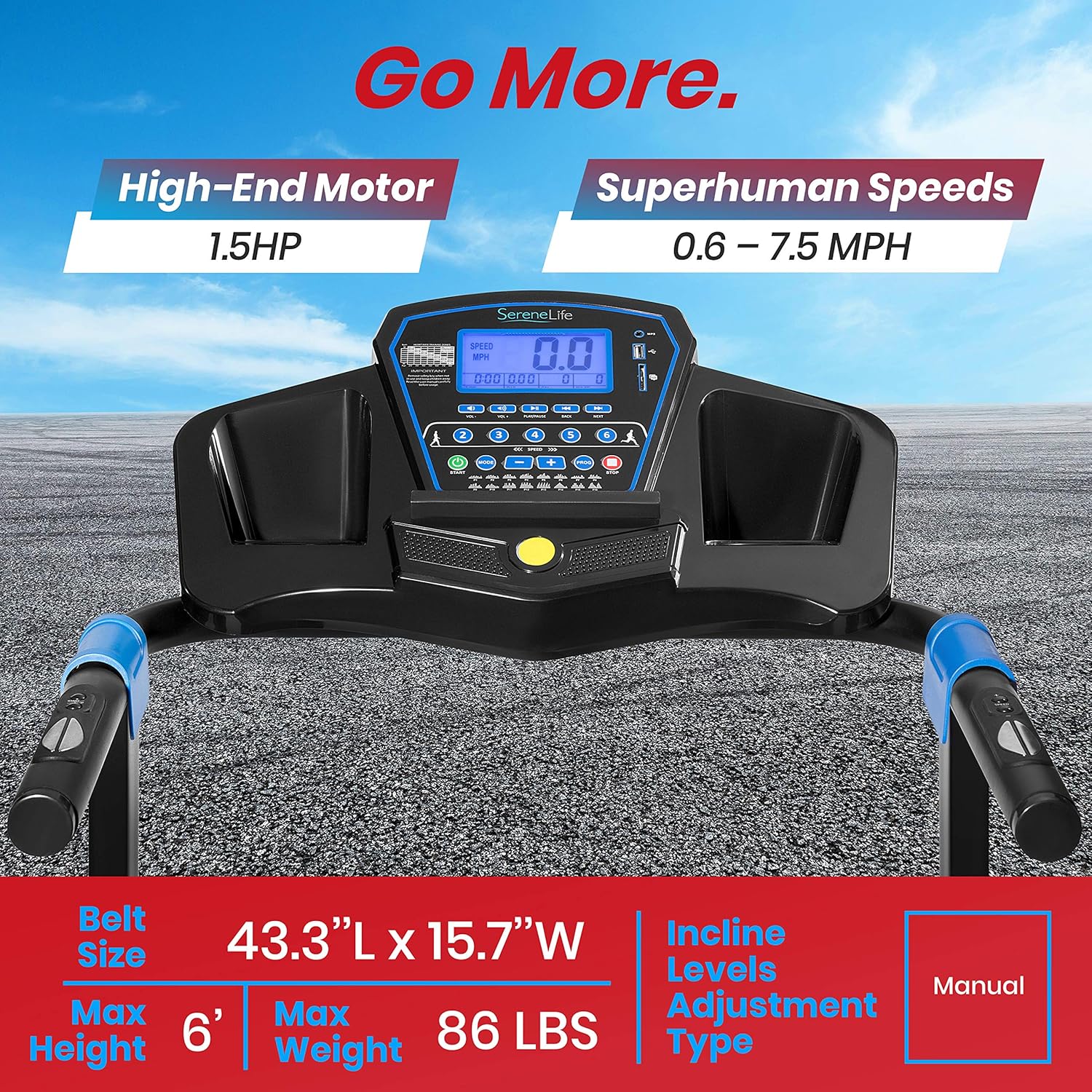 SereneLife Smart Digital Manual Incline Treadmill - Slim Folding Electric 2.5 HP Indoor Home Foldable Fitness Exercise Running Machine with Downloadable App, MP3 Player, Safety Key SLFTRD25.5