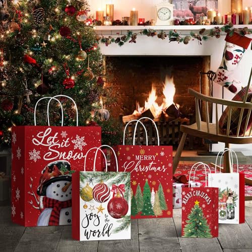 Horaldaily 24 Christmas Gift Paper Bags Bulk with handles Wrapping, Christmas Trees Snowman Truck Ball Ornaments Xmas Holiday Presents(6 Jumbo,6 Large,6 Medium,6 Small)