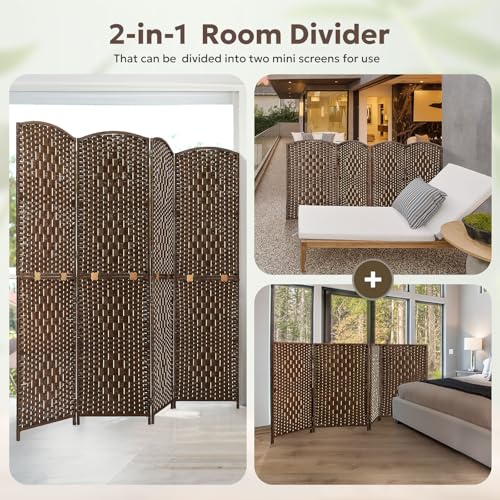 JOSTYLE Folding Privacy Room Divider, 4 Panel Screen Divider 6 ft. Tall Freestanding Extra Wide Rattan Room Partition Wall Separation Dividers, Grey