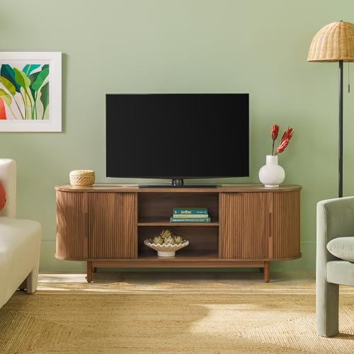 Walker Edison Modern Curved Reeded TV Stand for TVs up to 70 Inches, Credenza with Sliding Doors and Adjustable Shelves, TV Stand with Cord Management Cutout, 60 Inch, Coastal Oak