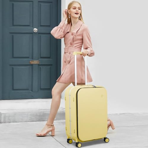 mixi Carry On Luggage, 20'' Suitcase with Front Laptop Pocket, Travel Rolling Luggage Aluminum Frame PC Hardside with Spinner Wheels & TSA Lock and Cover - Smoke White