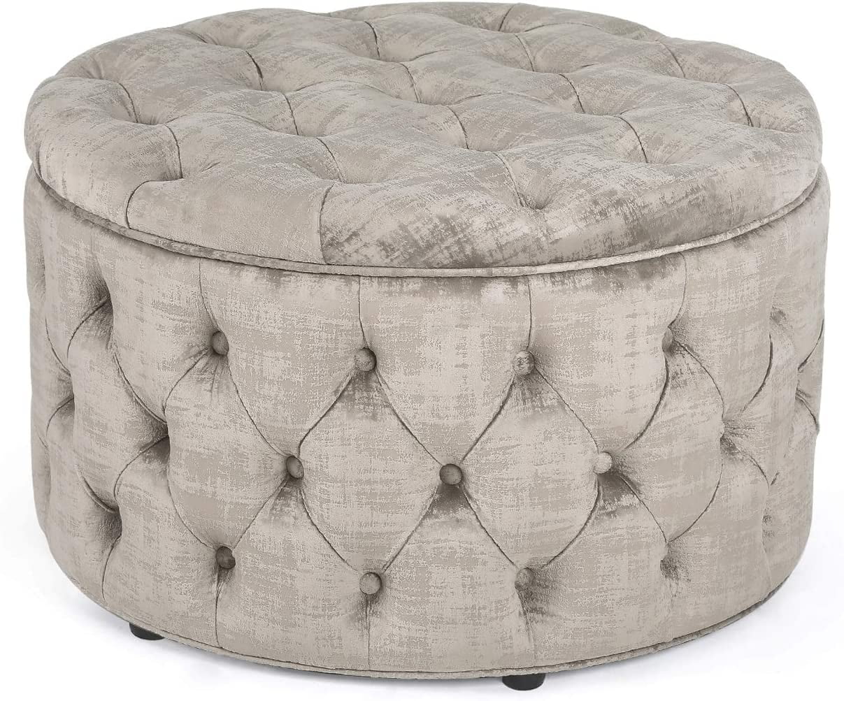 Round Storage Ottoman, Button Tufted Upholstered Ottoman With Removable Top, Storage Bench Coffee Table Footrest Stool For Living Room Bedroom Entryway (Beige)
