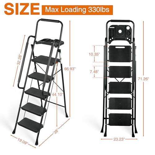3 Step Ladder, Protable Steel Folding Stool with Wide Anti-Slip Pedal, 500lbs Sturdy Steel Ladder, Black