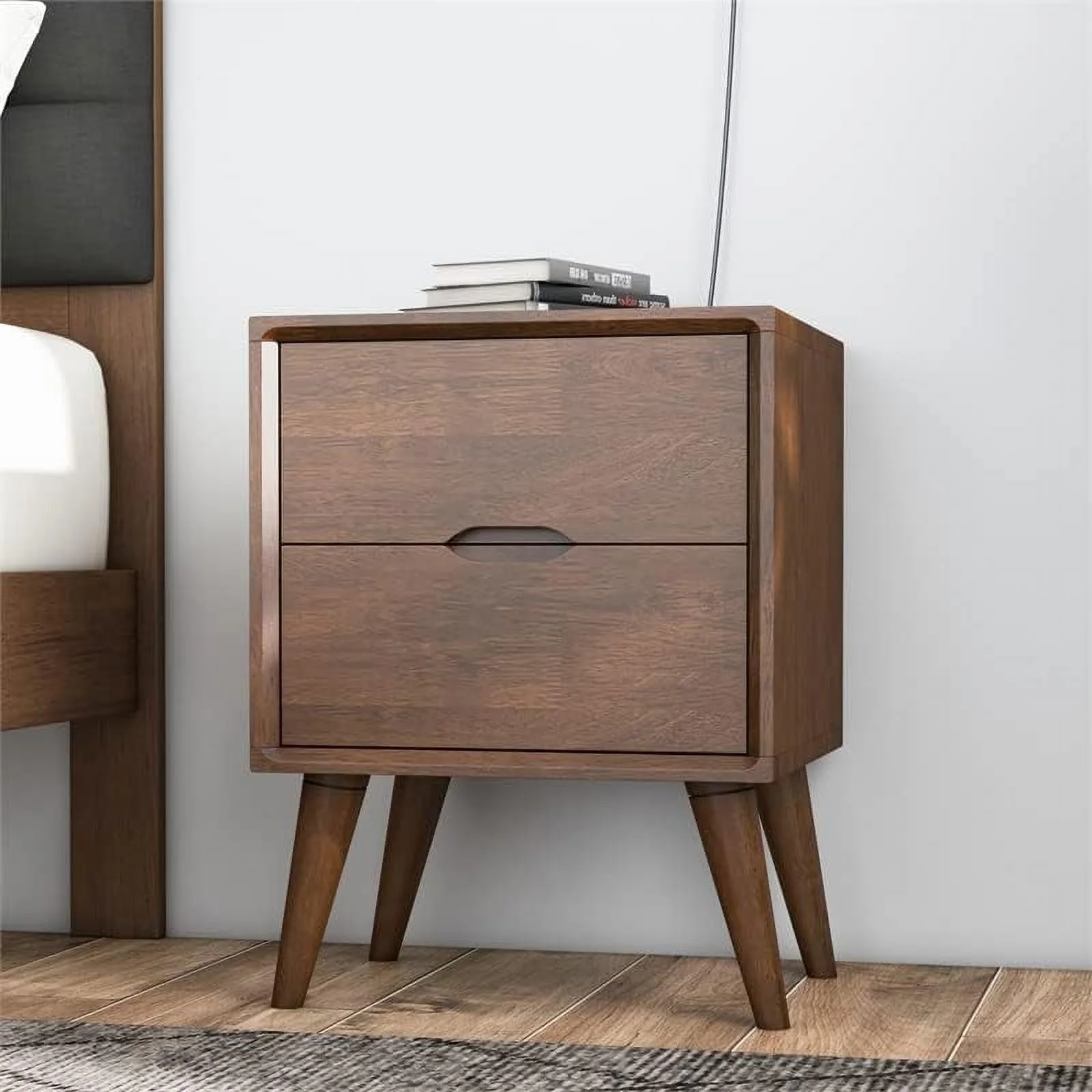 TJUNBOLIFE Edie Mid-Century Modern Solid Wood 2-Drawer Night Stand    Bedroom  Nightstand  Bedside Modern End Table  27.5''H  in Walnut Brown