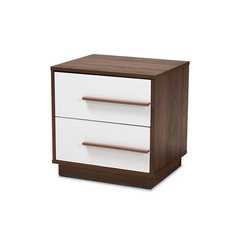 Baxton Studio Mette Mid-Century Modern Two-Tone White and Walnut Finished 2-Drawer Wood Nightstand