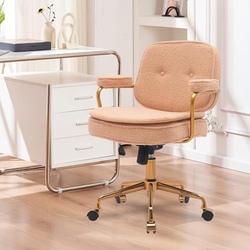 Boucle Desk Chair with Wheels and Arms,Upholstered Cute Office Chair with Gold Metal Legs, Teddy Chair for Girls and Women, Ideal for Small Space Bedroom Study and Makeup, Camel