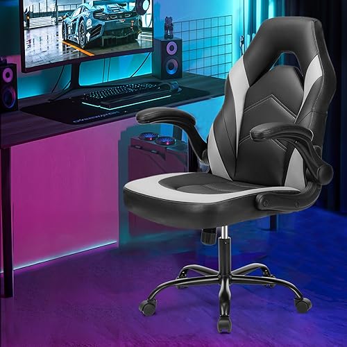 Sweetcrispy Computer Gaming Desk Chair - Ergonomic Office Executive Adjustable Swivel Task PU Leather Racing Chair with Flip-up Armrest for Adults, Kids, Men, Girls, Gamer, Black White