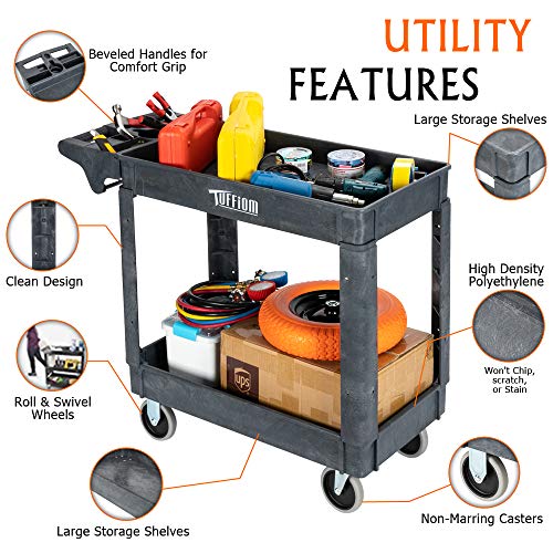 TUFFIOM Plastic Service Utility Cart with Wheels, 550lbs Capacity, Heavy Duty Tub W/Deep Shelves, Multipurpose Rolling 3-Tier Mobile Storage Organizer, for Warehouse Garage Industrial Cart