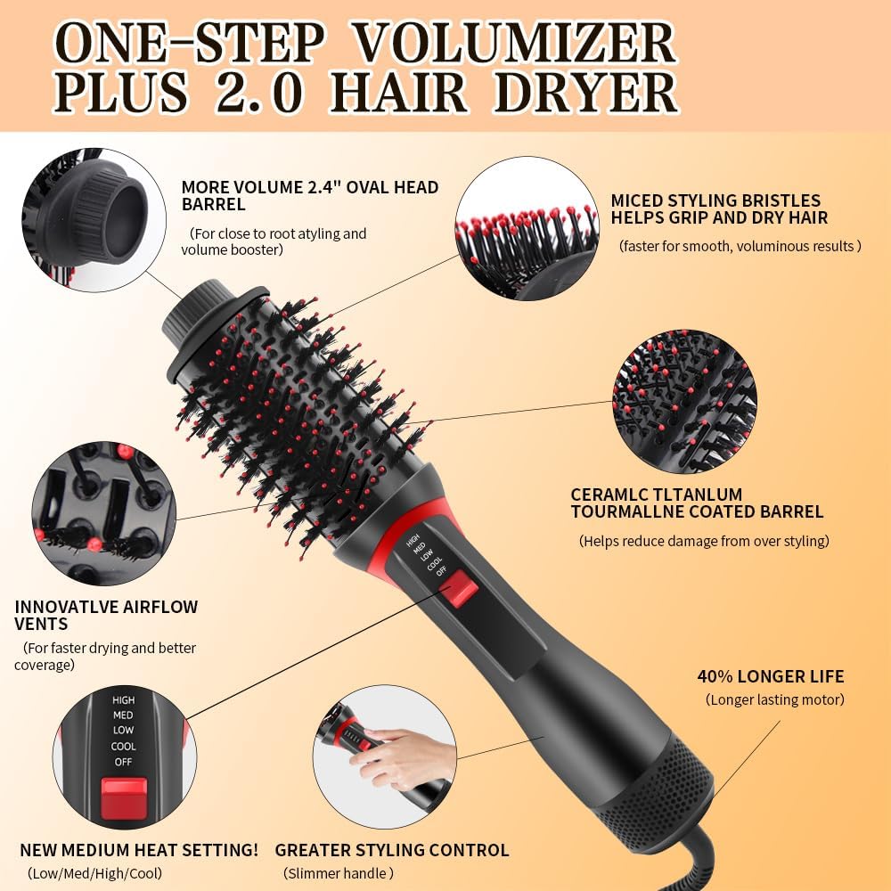 Hair Dryer Brush Blow Dryer Brush, Upgraded Plus 2.0 Hair Dryer and Hot Air Brush, 4-in-1 One Step Blow Dryer and Styler Volumizer with Negative Ion Ceramic Titanium Barrel Hair Dryer Straightener