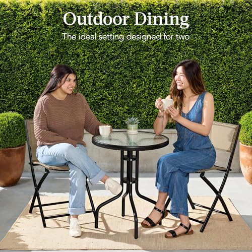 Best Choice Products 3-Piece Patio Bistro Dining Furniture Set w/Glass Tabletop, 2 Folding Chairs, Steel Frame, Polyester Fabric - Gray