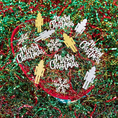 PAPER FAIR 1LB Metallic Red Green Christmas Crinkle Cut Paper Shred Filler w/Tree & Snowflake Confetti, Gift Wrap Packaging Raffia Tissue Strand, Craft Bedding Cushion, Winter Birthday Box Basket