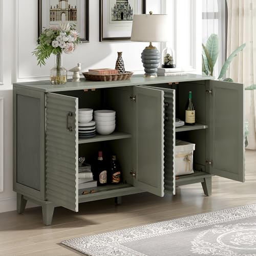 Retro Style Sideboard with 4 Door, Large Storage Buffet with Adjustable Shelves and Metal Handles, Wooden Accent Storage Cabinet for Kitchen, Living Room, Dining Room (Antique Gray-010)
