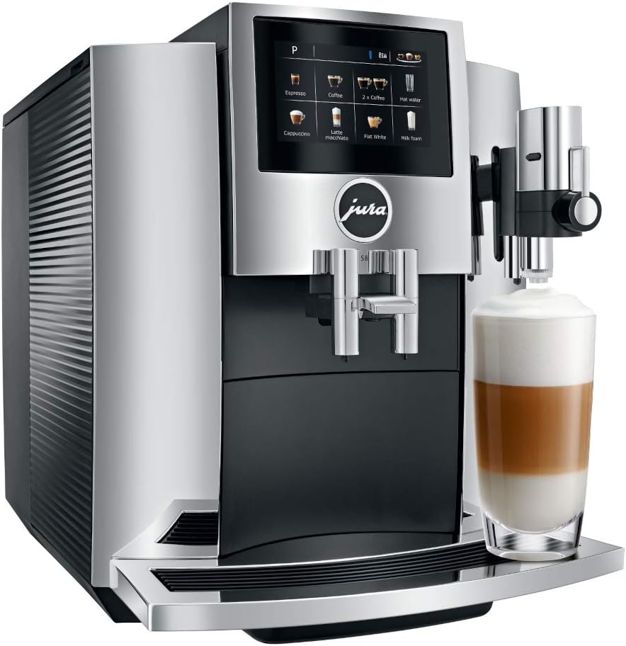 Jura S8 Automatic Coffee Machine, 64 ounces, Chrome & Milk System Cleaner Mini-Tabs w/Dispenser (180 g bottle), white