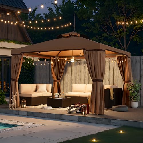 SUNCROWN 10 x 10 FT Outdoor Gazebo for Patio Iron Frame Garden Permanent Gazebo with Vented Soft Canopy and Mosquito Netting, Khaki