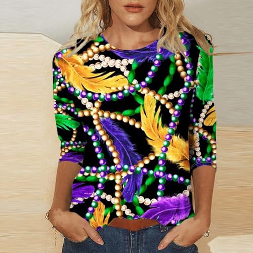 Mardi Gras Outfit for Women 2024 Crew Neck Top Mardi Gras Shirts Short Sleeve Tops for Women Long Sleeve Shirts for