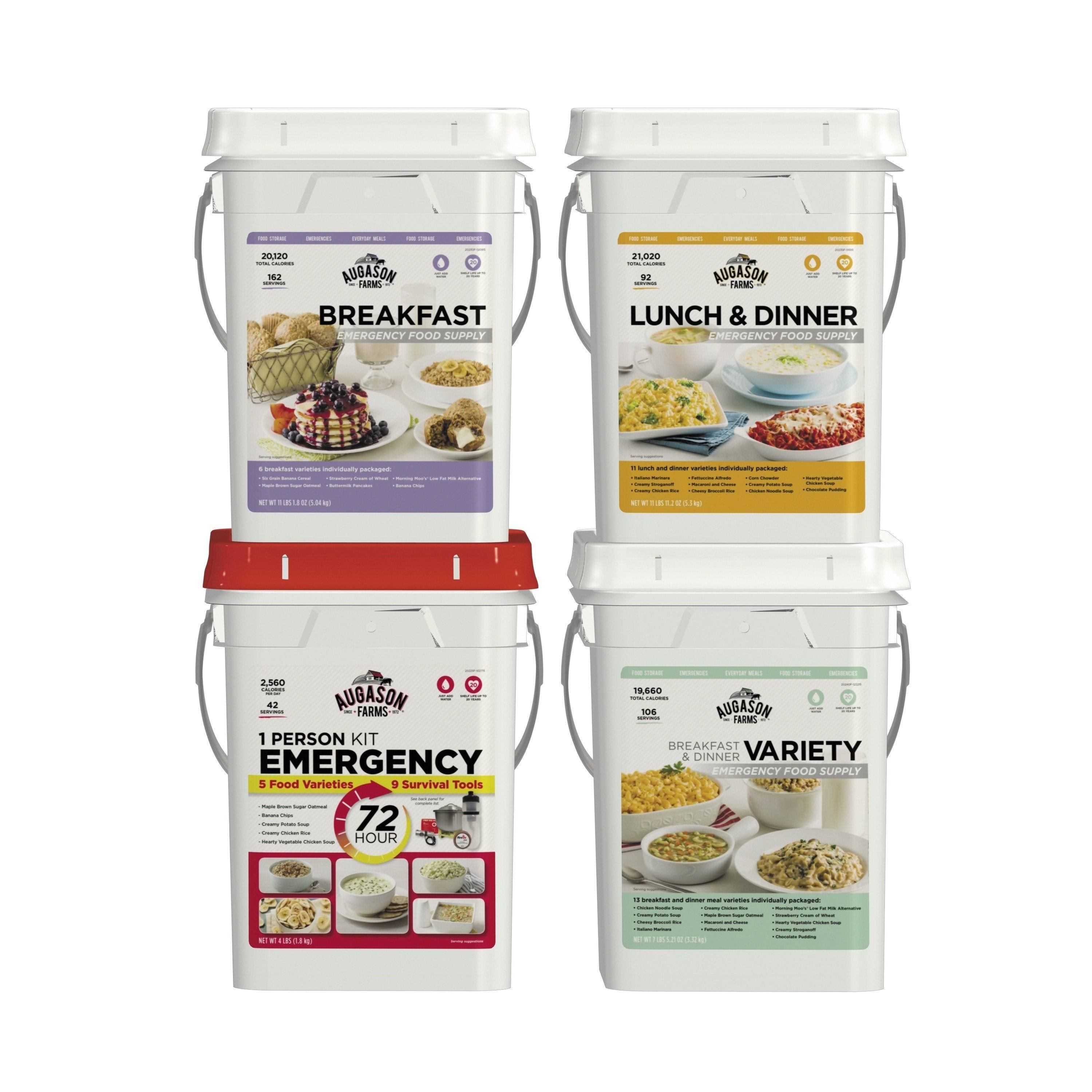 Augason Farms Deluxe Food Variety 4-Pail Kit with Survival Gear