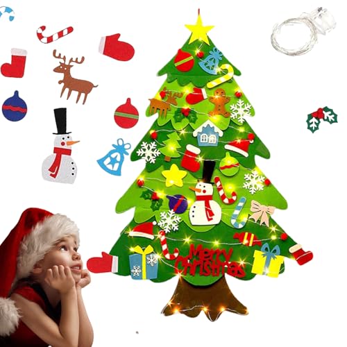 Felt Christmas Tree for Toddlers, DIY Felt Christmas Tree with Lights, Xmas Decorations Wall Hanging for Xmas Party Favors