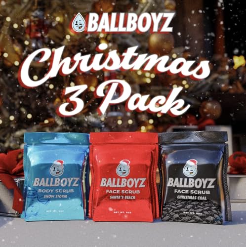 Ballboyz Christmas Face and Body Scrub Kit: Natural and Powerful Cleansing for Athletes - Variety 3 Pack (Snow Storm, Santa's Beach, Christmas Coal)