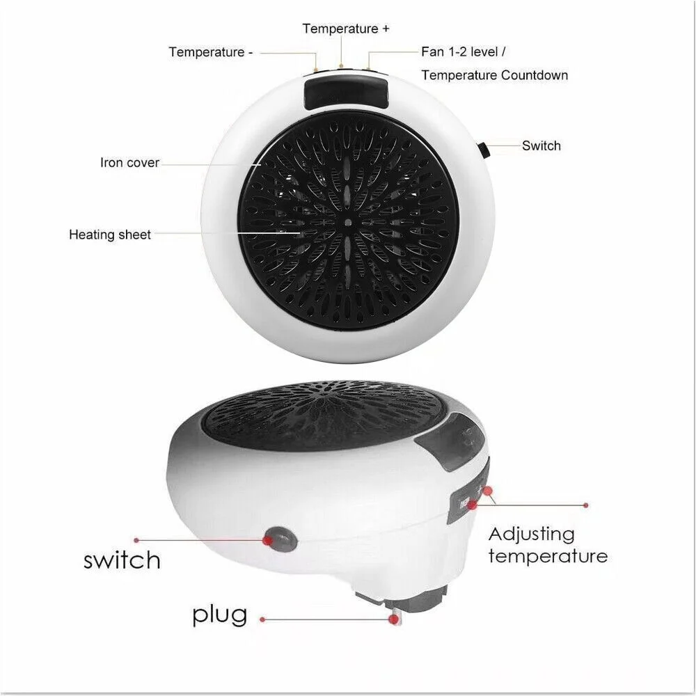 JahyShow Plug-in Electric Heater Fan - 900W Wall Sockets with Remote Timer - Digital Thermostat