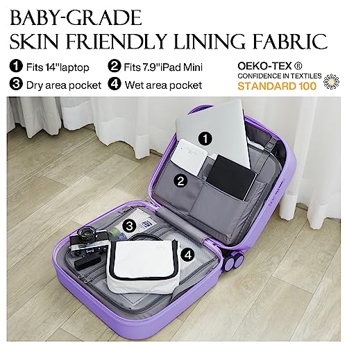 mixi Upgrade Carry on Luggage 14 Inch Underseat Personal Item Suitcases with Spinner Wheels, Hardside Rolling Suitcase PC with TSA Lock Lightweight Travel Case, Fine Grid Black