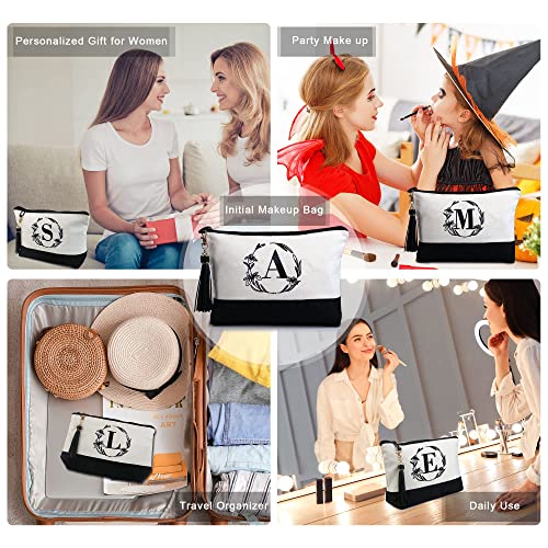 BeeGreen Mother's Day Gifts Personalized Women's Large White and Black Canvas Tote Bag, Embroidered Initials, Leather Handle, Zipper Closure