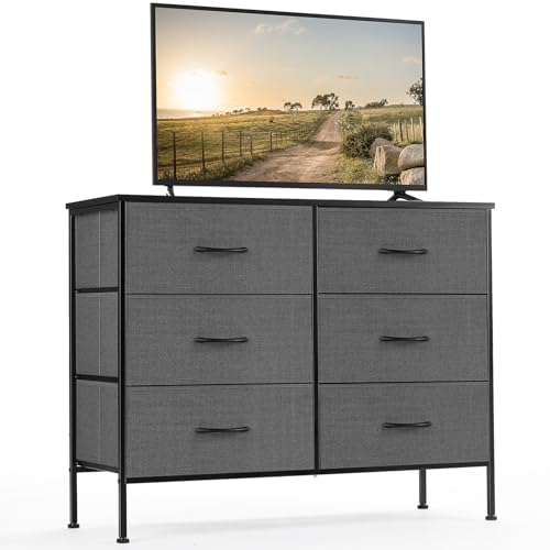 DUMOS TV Stand for Living Room, Dresser for Bedroom Chest of Dresser with 6 Fabric Drawers Storage Organizers Units, Nightstand for Bed