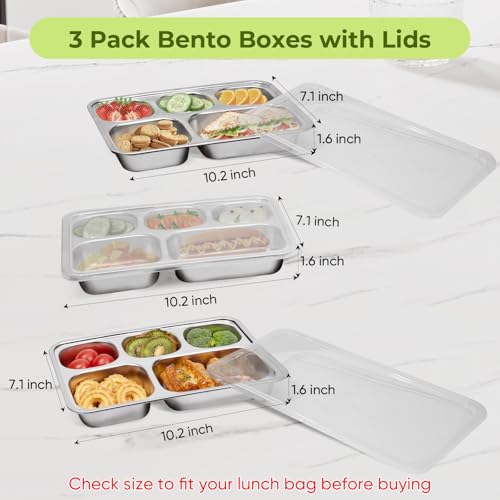 Stainless Steel Bento Box Adults 3 Pack, 5 Compartments Snack Containers with Lids, Reusable Meal Kids Bento Lunch Box, Divided Food Storage Containers for School Home Travel