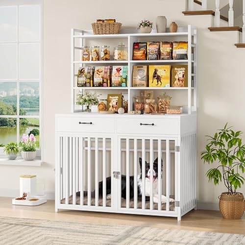 Keyluv 71''H x 47.2''W Large Dog Crate Furniture with 4-Tier Shelves and 2 Storage Drawers, Heavy Duty Dog Cage Furniture with 2 Doors, Wood & Metal Dog Kennel Indoor for Small/Medium/Large Dog, Black