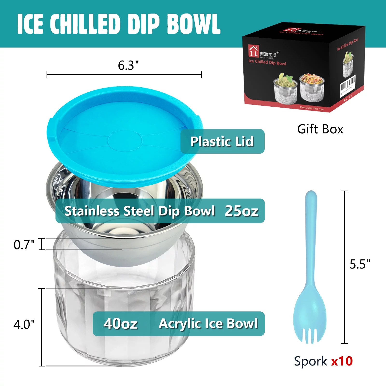 INNOVATIVE LIFE Ice Chilled Dip Bowl for Parties, 2Pack 25oz Serving Bowl with Acrylic Base, Clear