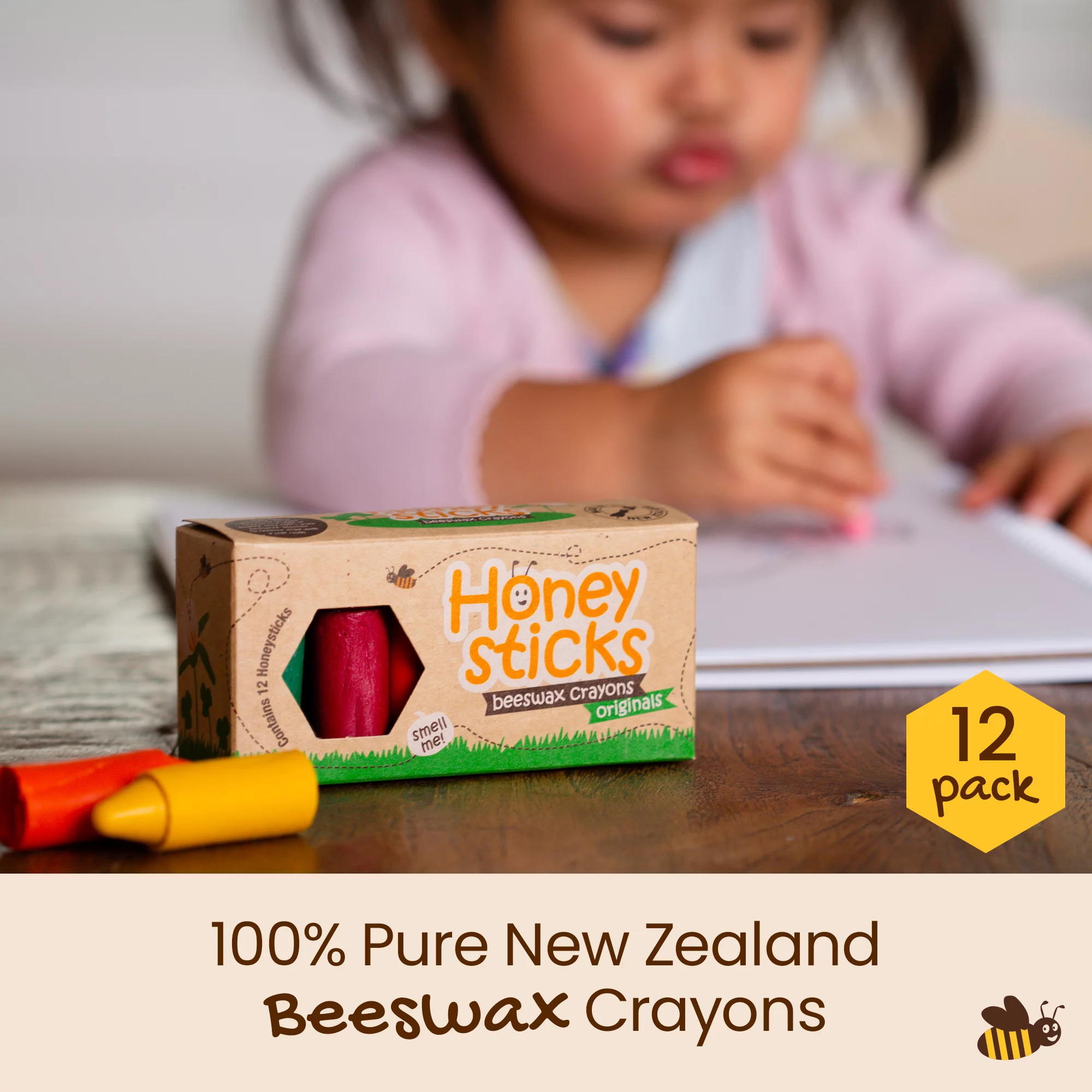 Honeysticks 100% Pure Beeswax Crayons (12 Pack) - Non Toxic Crayons Handmade with Natural Beeswax and Food Grade Colours - Child / Toddler Safe, Easy to Hold and Use - Sustainably Made in New Zealand
