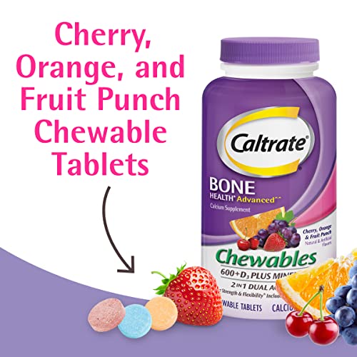 Caltrate Chewables 600 Plus D3 Plus Minerals Calcium Vitamin D Supplement, Cherry, Orange and Fruit Punch - 60 Count