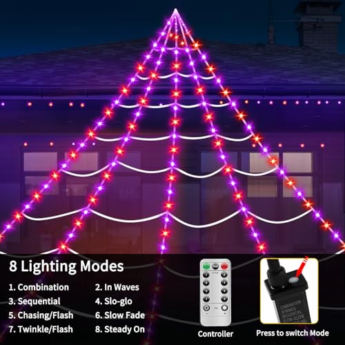 Halloween Decorations Outdoor Spider Web Lights, 23Ft 350 LED Light up Spider Web with 6.6Ft Giant Spider, 8 Modes Waterproof Timer Spiderweb Lights for Garden ＆ Haunted House Decor, Purple