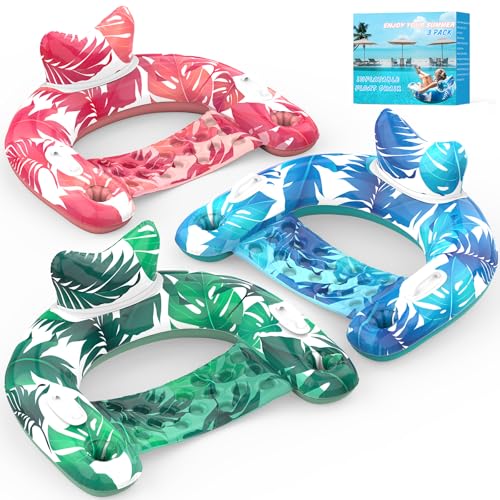 Pool Floats, 3 Pack Inflatable Pool Float Chairs with Cupholders & Handles, Pool Floats Adult & Kids Perfect for Pool Lake & Rivers, Pool Toys Party, Relaxing Inflatable Chair for Swimming Pool