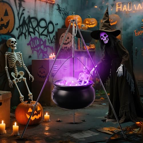 Halloween Decorations Outdoor, Large Witch Cauldron, Halloween Decor, with Large Tripod/Purple Lights/Cotton/40CM Skull, Witch Cauldron Magic Candy Bucket Decoration, for Porch Outdoor Party