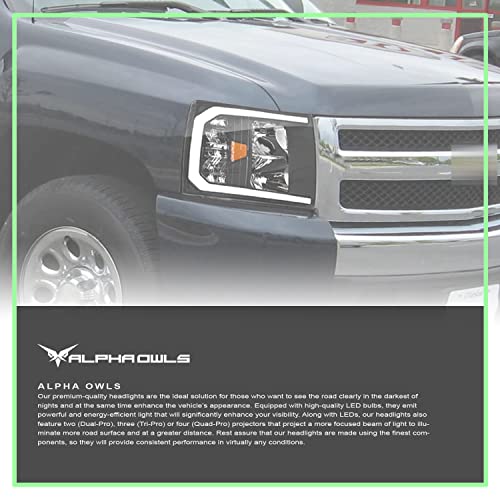 Alpha Owls 8712252 Crystal Headlights With Switchback Sequential LED Light Bar & Startup Light - Black Amber Fits 2007-2013 Chevy Silverado 1500/2007-2014 2500 3500 HD Halogen Models