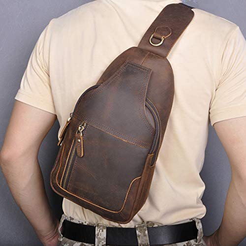 Le'aokuu Men Fashion Casual Tea Designer Travel Hiking Crossbody Chest Sling Bag Rig One Shoulder Strap Bag Men Leather 8015