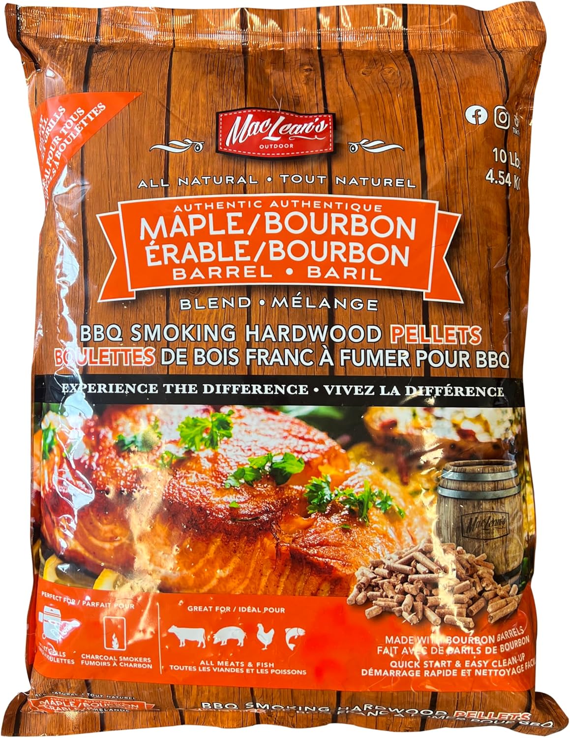 MacLean's Authentic Maple/Bourbon Barrel Blend BBQ Smoking Pellets, 10 Pound Bag