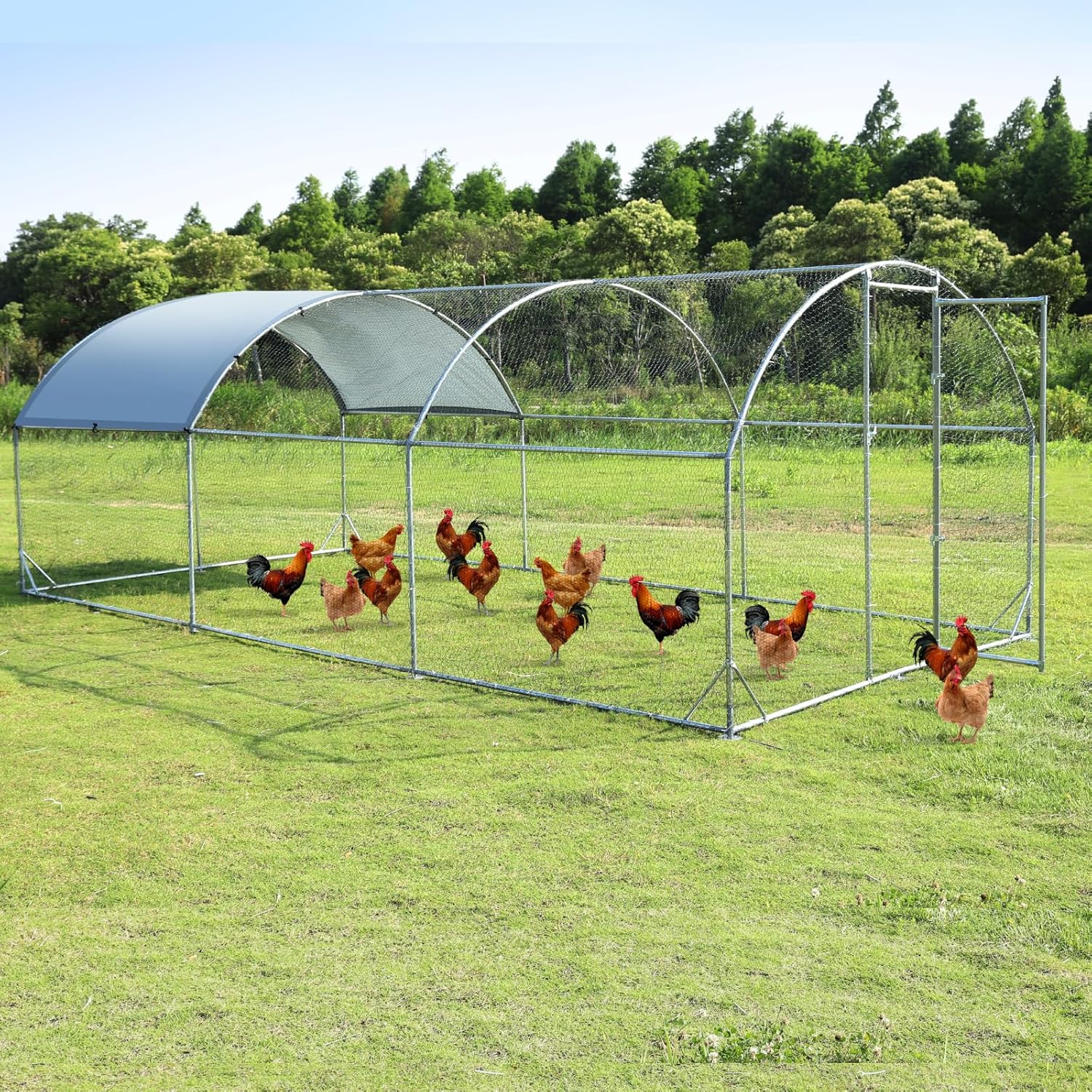 Large Metal Chicken Coop Walk-in Poultry Cage Chicken Run Pen Dog Kennel Duck House with Waterproof and Anti-Ultraviolet Cover for Outdoor Farm Use(9.2'W x 12.5'L x 6.5'H)