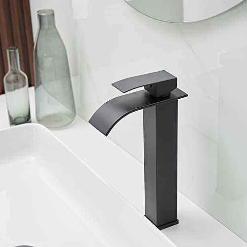 BWE Vessel Sink Faucet Modern Waterfall Chrome Single Hole Bathroom Faucet Single Handle with Pop up Drain Without Overflow Assembly Vanity Basin Bath Sink Faucets Mixer Tap