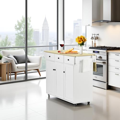 FurnitureR Mobile Kitchen Island Cart with Drop Leaf – Rolling Storage Cabinet, Light Oak Top, Space-Saving Prep Table with Towel Rack for Small Kitchens, Apartments, Dining Areas, 47.3