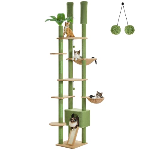 PEQULTI Mushroom Cat Tree Floor to Ceiling Cat Tower Adjustable Height (90.5''-100.4'' = 230cm-252cm) with Cat Condo, Cozy Hammock and Scratching Post, Tall Activity Tree for Indoor Cats, Brown