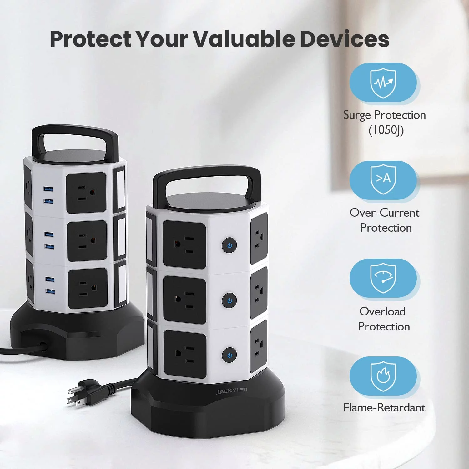 JACKYLED Power Strip Tower Surge Protector 12 AC Outlets 6 USB Ports 6.5ft Extension Cord