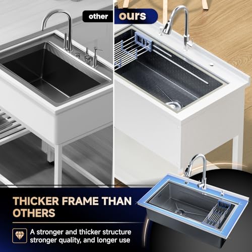 Stainless Steel Utility Sink 36“, Freestanding Laundry Sink with Upgraded Pull Out Faucet, Hose, Drain Kit & Solid Shelf. Utility Sink for Kitchen, Laundry Room, Garage & Farmhouse. (black)