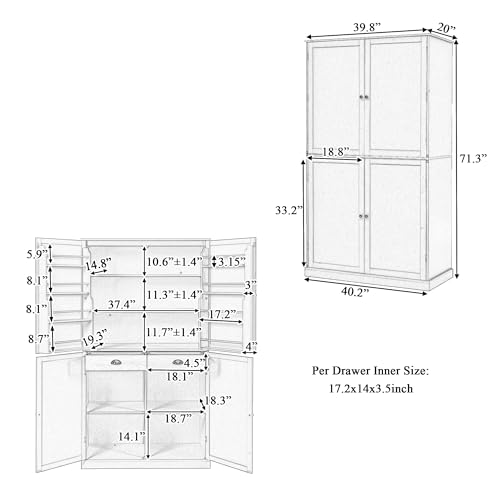 Farmhouse 77inch Kitchen Pantry, Freestanding Tall Cupboard Storage Cabinet with 3 Adjustable Shelves,8 Door Shelves and 3 Drawers,for Kitchen Dining Room (White@Pantry)