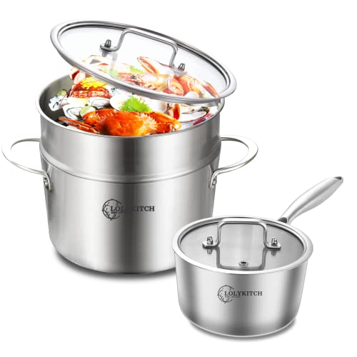 Whole Body Tri-Ply Stainless Steel 3 QT Saucepan with Steamer Set,Dai.20 CM Induction Pot,Heavy Duty,Oven and Dishwasher Safe.(Detachable Handle)